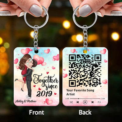 Watercolor Hearts Doll Couple Hugging Kissing Favorite Song Scannable QR Code Personalized Acrylic Keychain