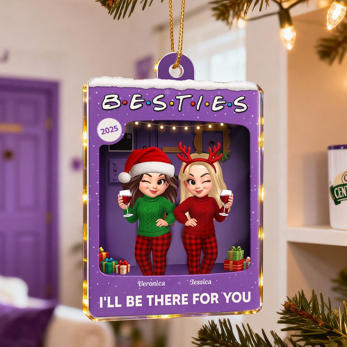 3D Effect Pretty Girl Best Friends Purple Toy Box Style - Personalized Acrylic Ornament - Christmas Gift For Besties