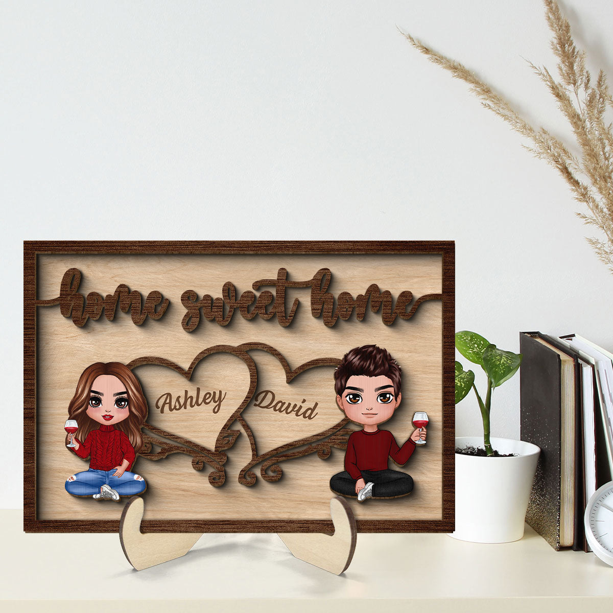 Couple Sitting Home Sweet Home Valentine‘s Day Gift For Him For Her Personalized 2-Layer Wooden Plaque