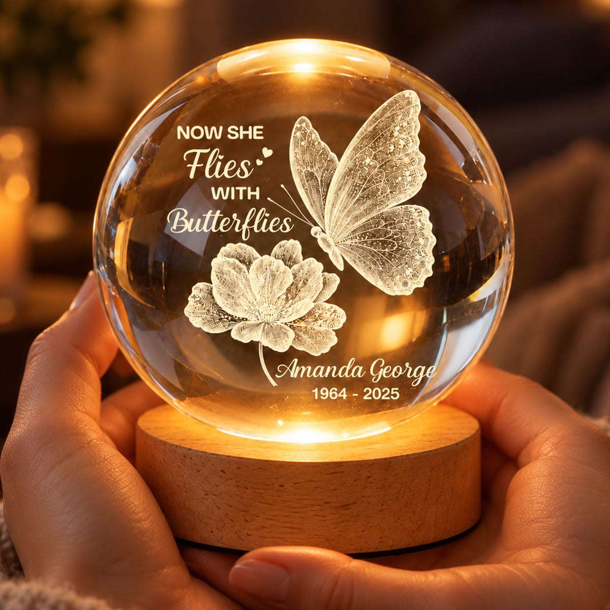 Now She Flies With Butterflies Memorial - Personalized Crystal Ball LED Night Light - Memorial Keepsake Remembrance Gift For Lost Loved Ones