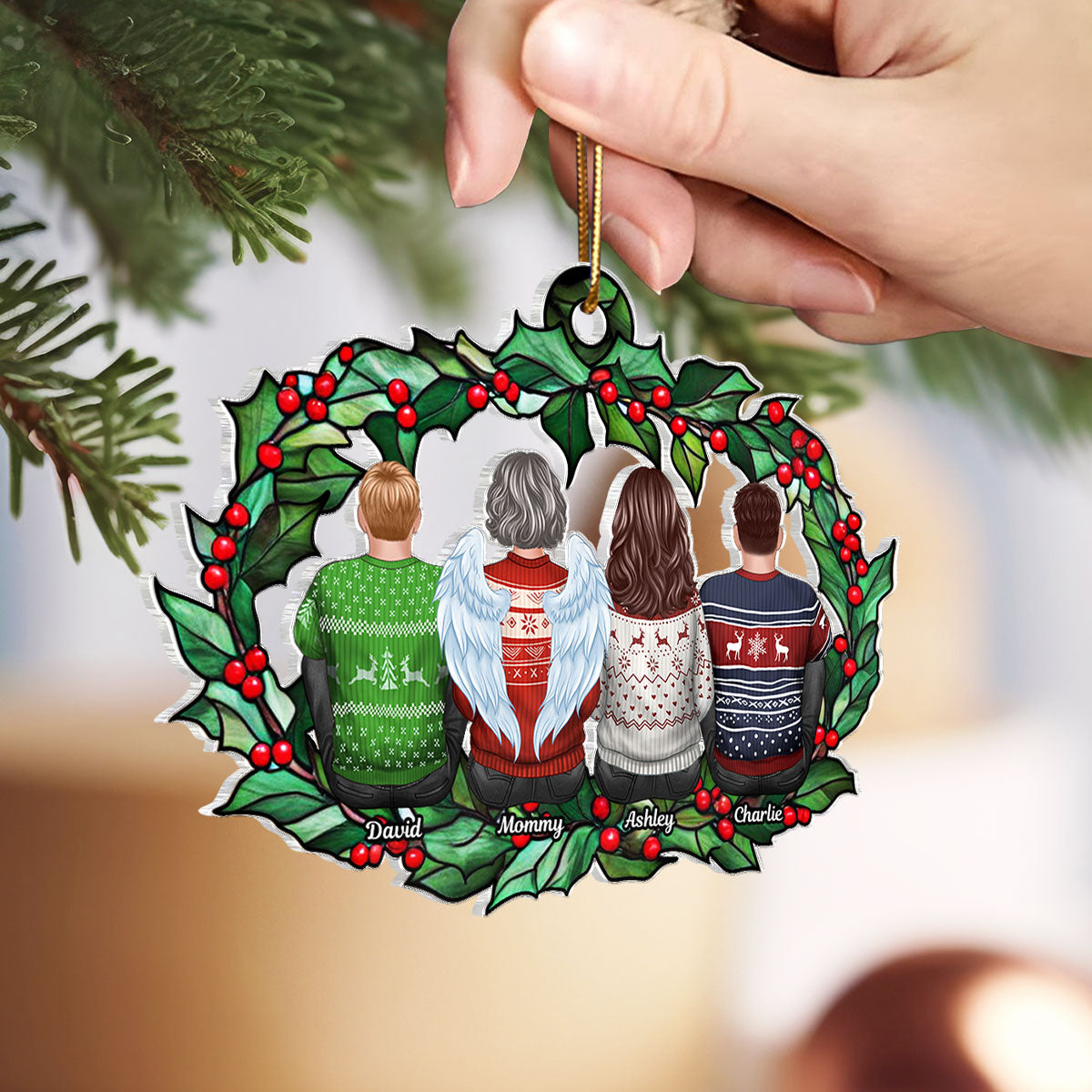 Christmas Family Sitting Back View Holly Branch Personalized Acrylic Ornament, Christmas Gift For Family