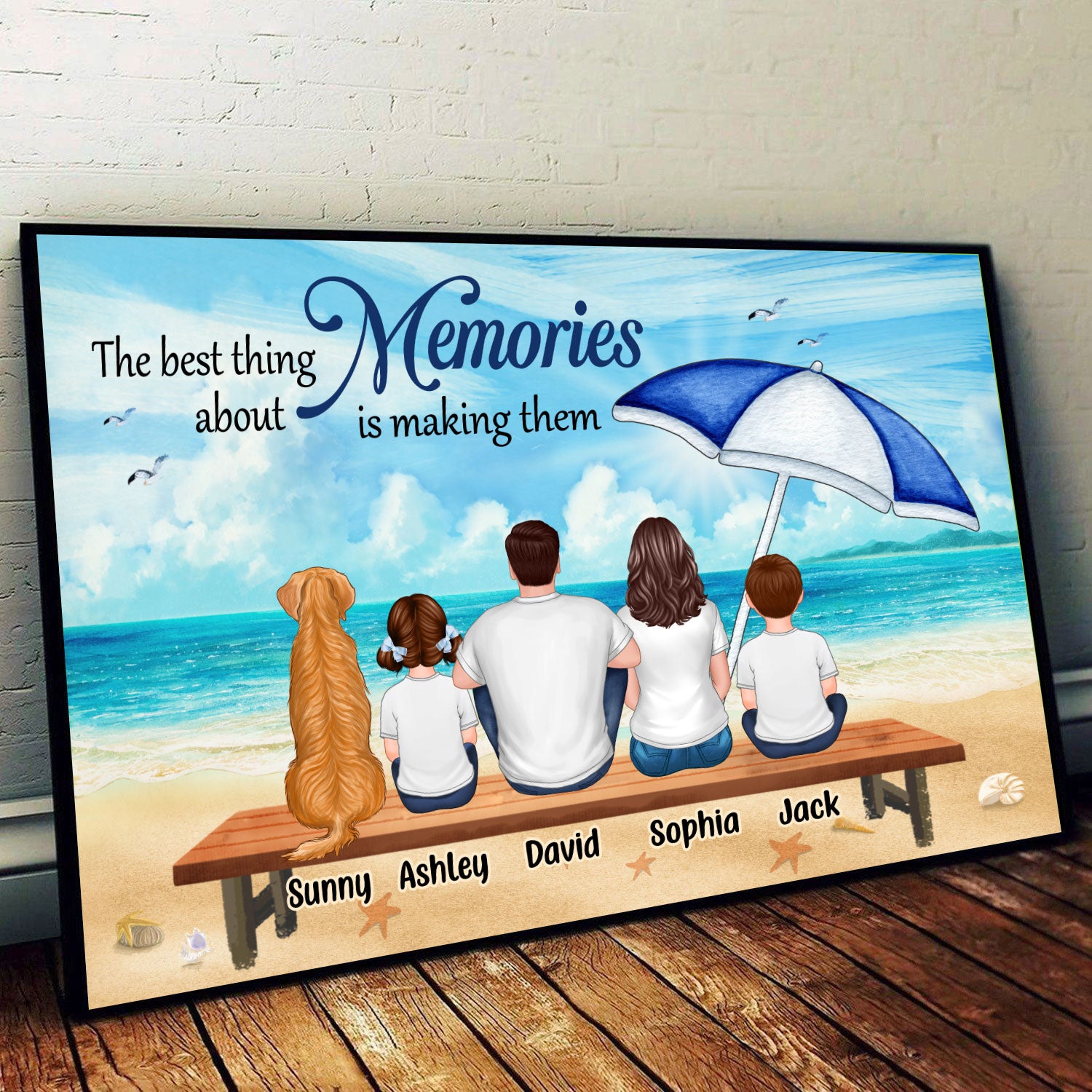 Family Sitting On Beach Bench Umbrella Personalized Horizontal Poster