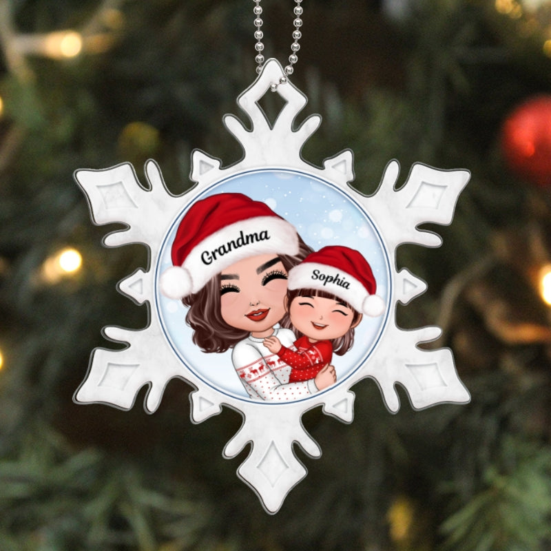 Doll Grandma Hugging Grandkid In Snowflake Christmas Gift For Granddaughter Grandson Personalized Acrylic Ornament