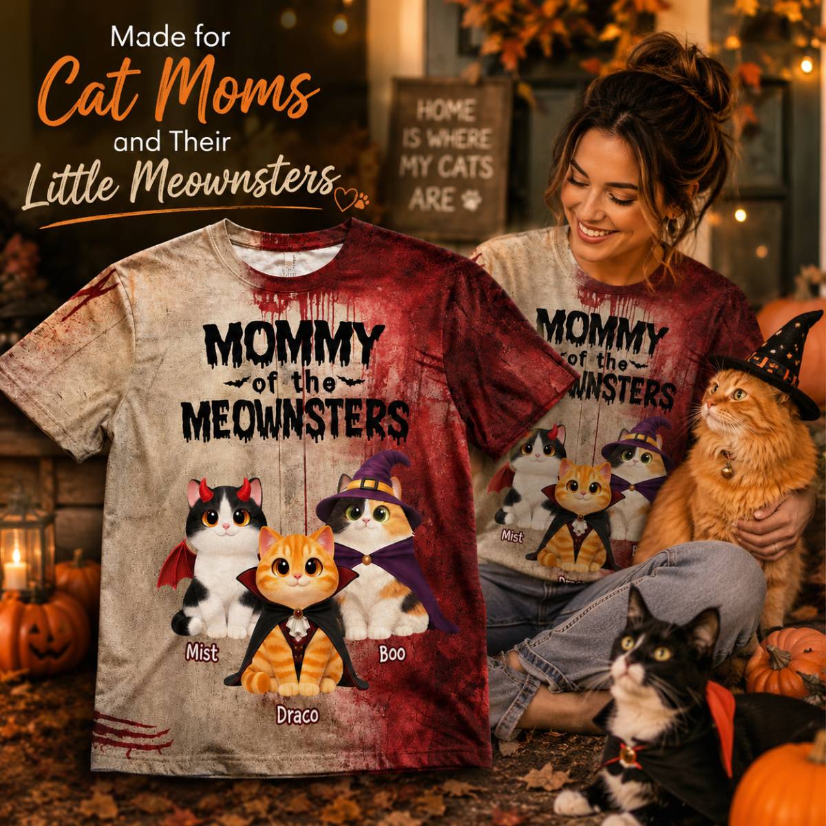 Mommy Daddy Of The Meownsters Cats - Personalized Shirt - Halloween Gift For Cat Lovers