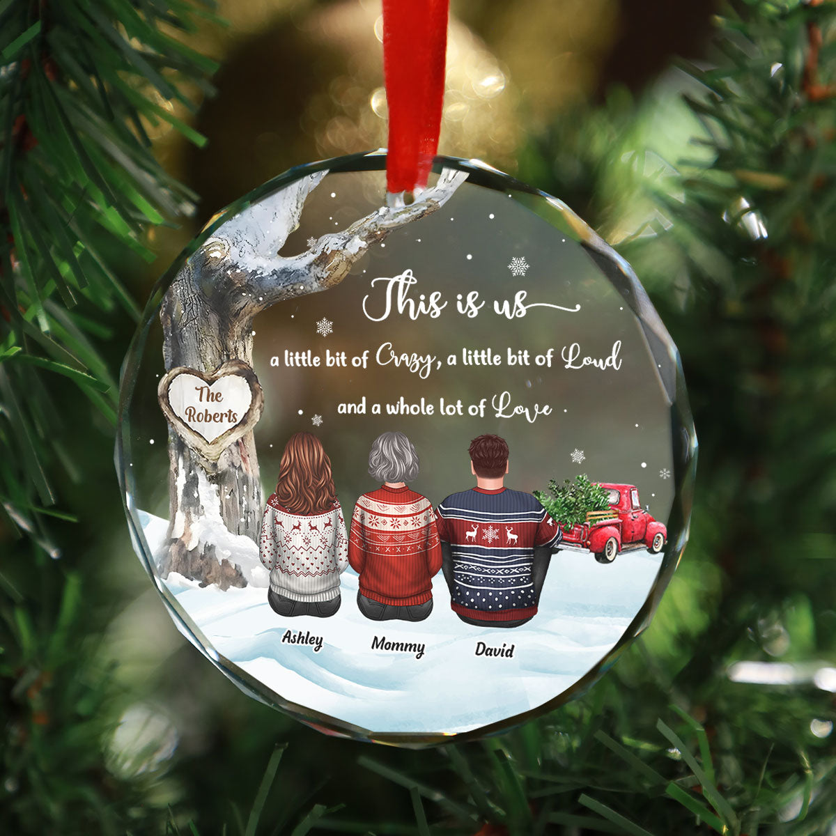 Family Sitting Back View Under Tree Red Truck Winter Personalized Glass Ornament