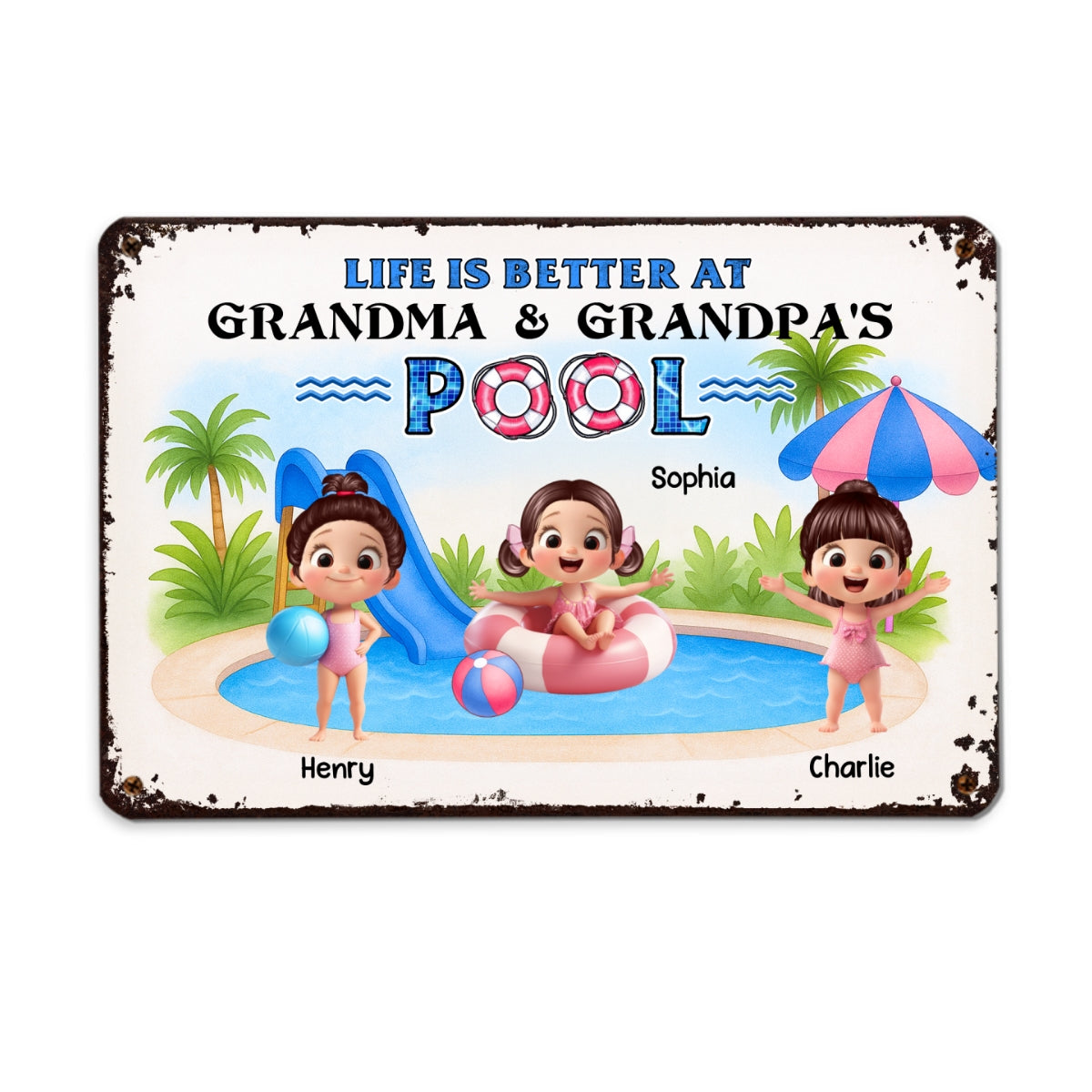 Welcome to Grandma & Grandpa's Pool, Memories are Made Here Personalized Metal Sign, Grandkids Welcome Sign