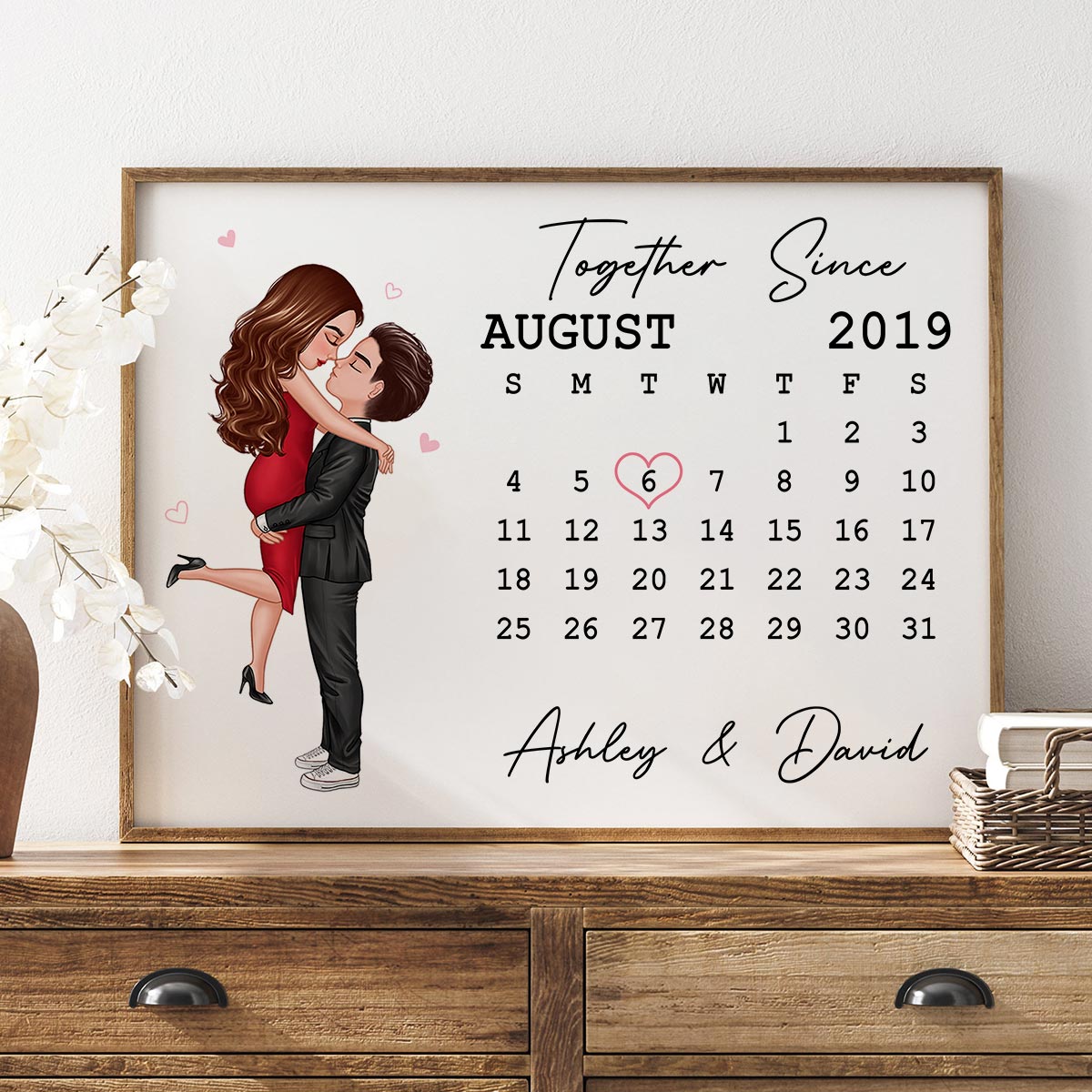 The Day It All Began Kissing Couple Calendar Anniversary Date Personalized Horizontal Poster - Anniversary Gift For Couple - Gift For Him Gift For Her