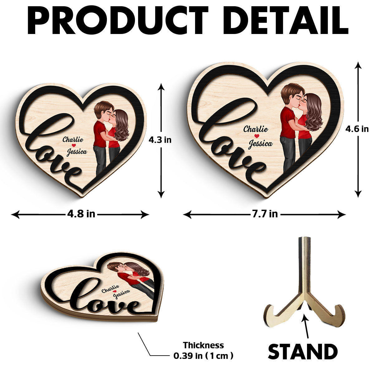 Couple Love Heart Kissing Standing Personalized 2-layer Wooden Plaque