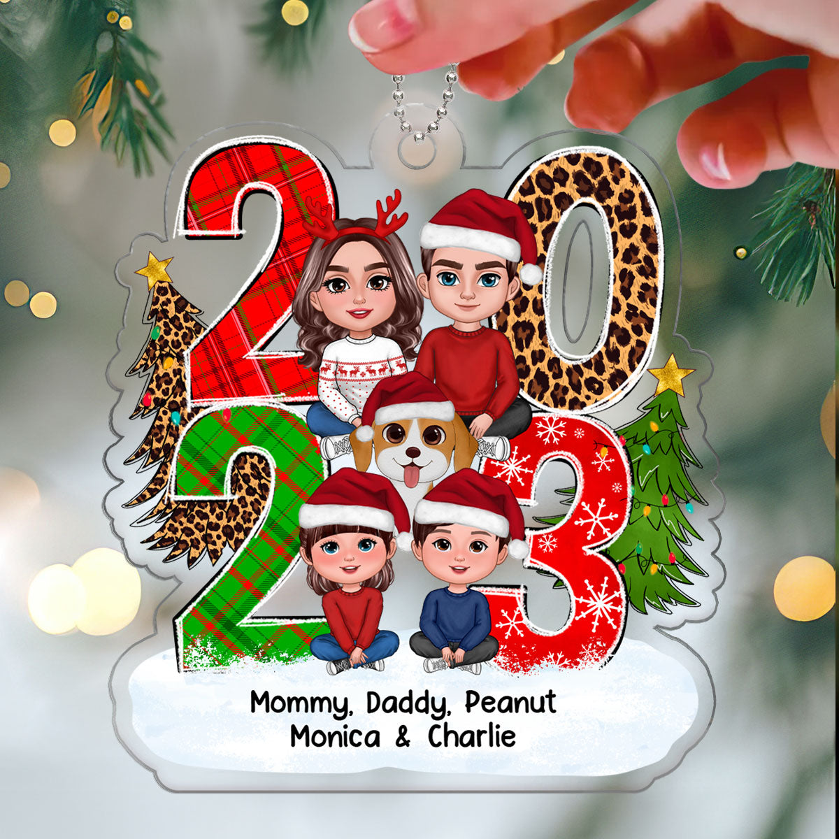 Christmas Family Sitting Crossed Legs 2023 Stacked Pattern Personalized Acrylic Ornament