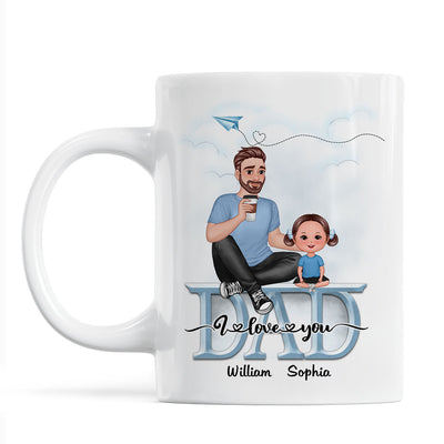 Dad We Love You Cartoon Dad & Doll Kids Sitting On Word Personalized Mug
