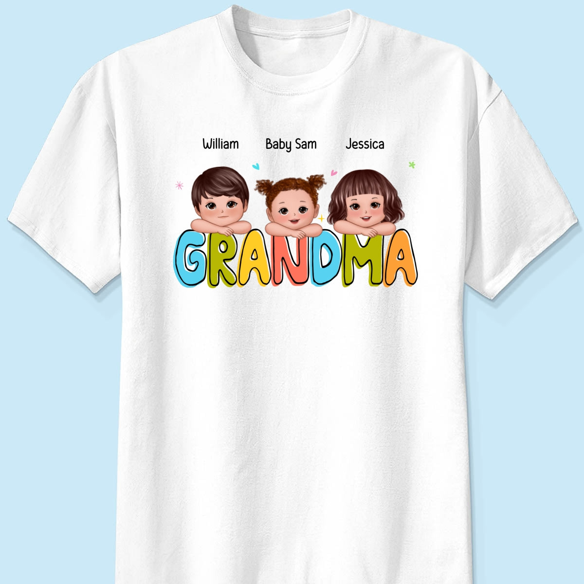 Colorful Grandma With Kids Chin On Hand Personalized Shirt