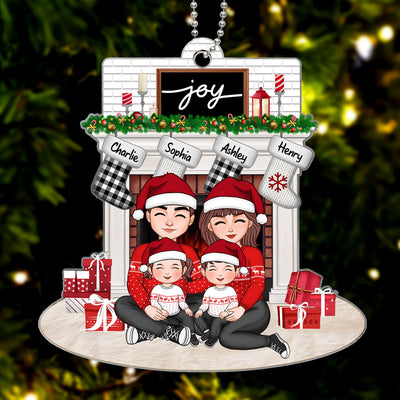 Family Sitting Hugging At The Fireplace Personalized Family Christmas Acrylic Ornament