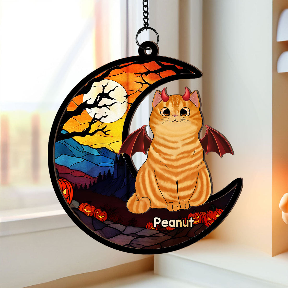 Halloween Cat On Moon Personalized Suncatcher, Halloween Decoration