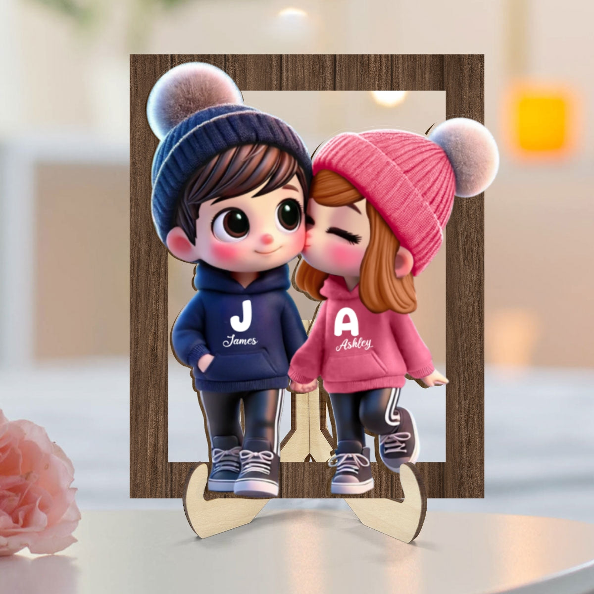 3D Effect Cute Cartoon Couple Walking Personalized 2-Layered Wooden Plaque,  Gift for Him, Gift for Her