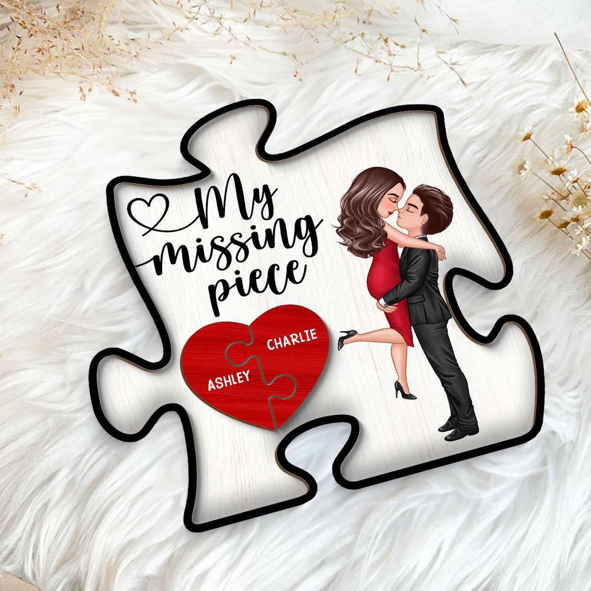 My Missing Piece Couple Hugging Kissing Puzzle Shaped - Personalized 2-Layered Wooden Plaque - Anniversary Gift For Couple, For Dad Mom