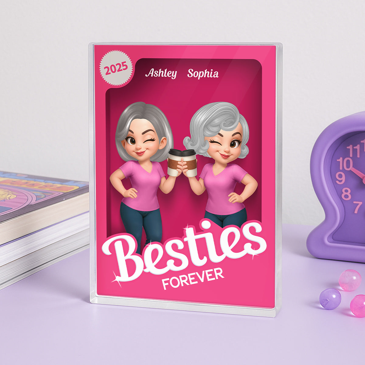 Besties Forever Pink Action Figure 3D Effect Personalized Acrylic Block, Meaningful Gift For Best Friend