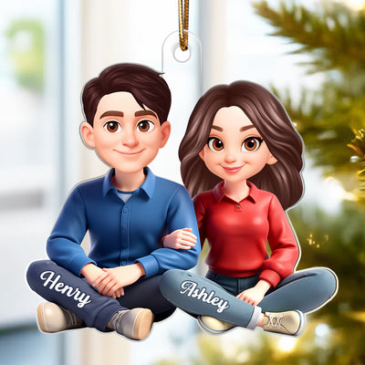 Loving Cartoon Couple Sitting Together - Personalized Acrylic Ornament - Christmas Gift for him, Gift for her