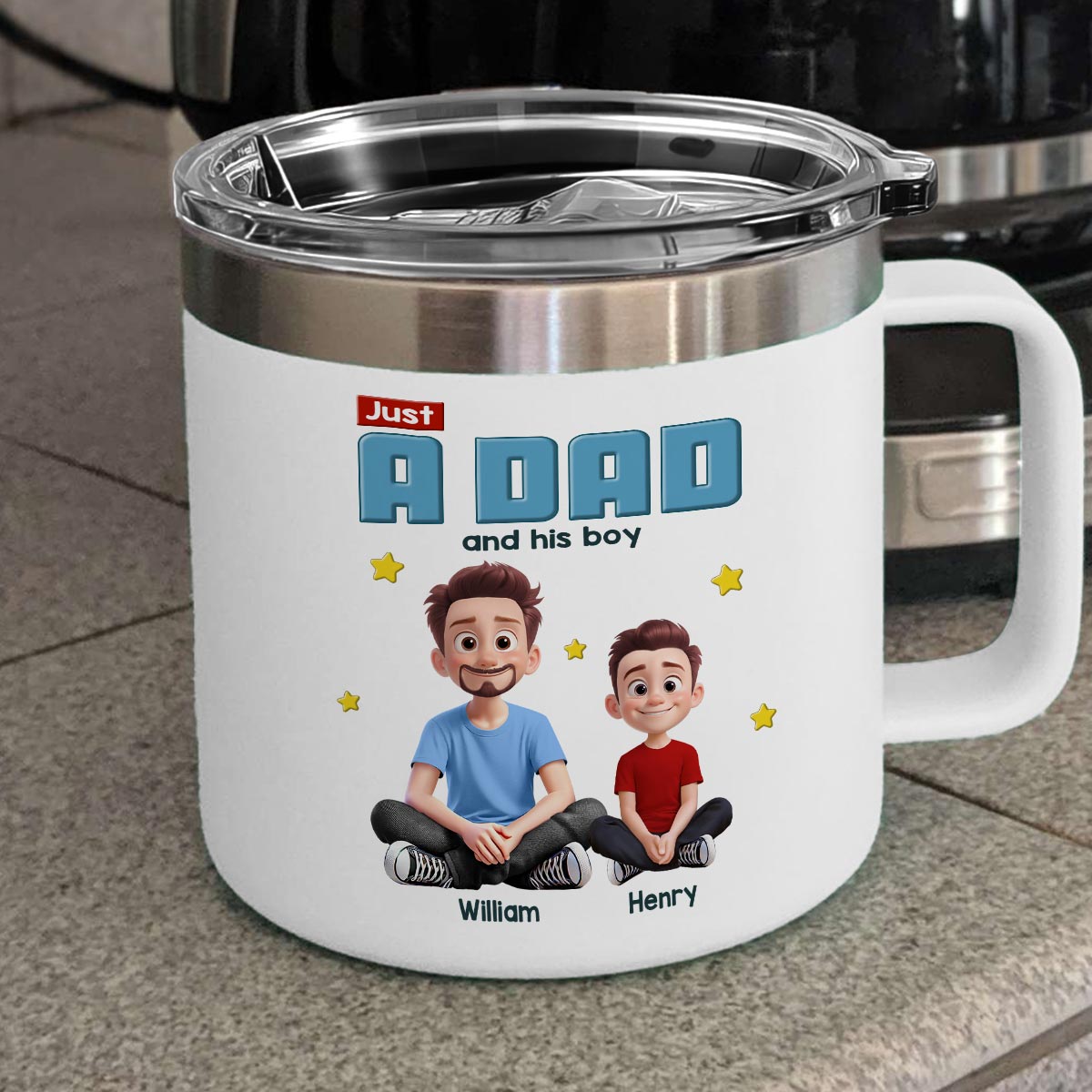 Just A Dad And His Kids Cartoon Funny Style Personalized Stainless Steel Tumbler With Handle, Gift For Dad