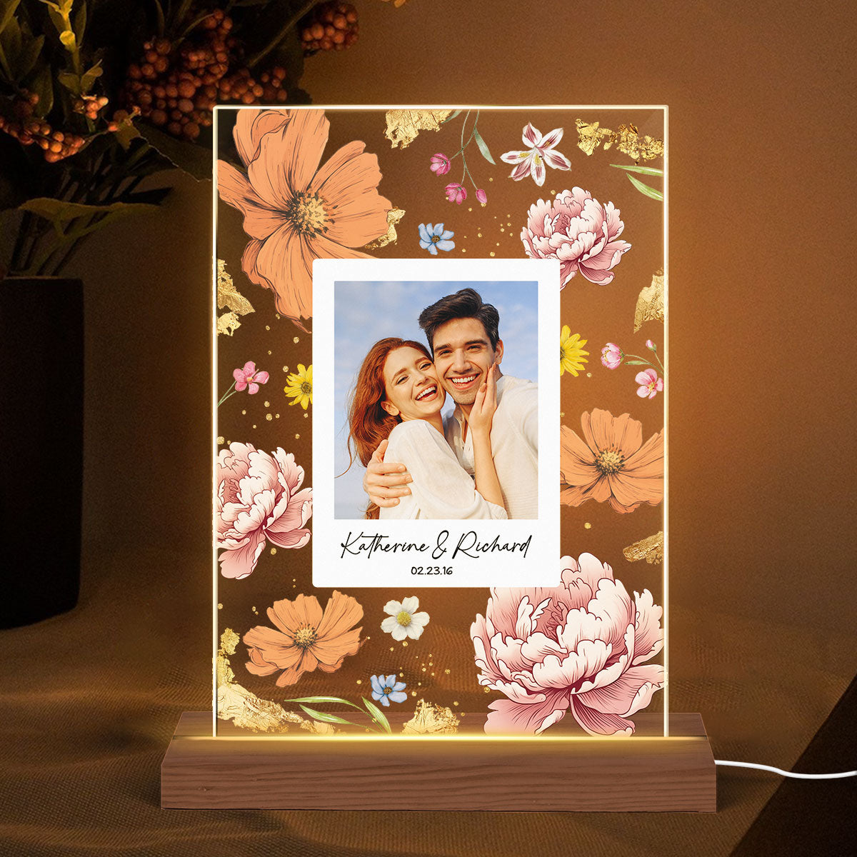 Couple Upload Photo Birth Month Flowers Personalized Acrylic LED Night Light, Anniversary Gift,  Gift