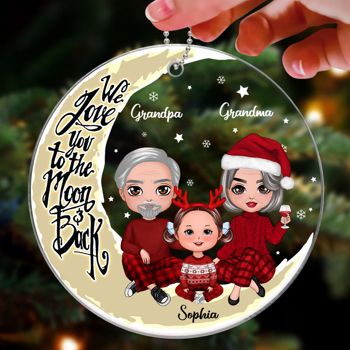 Grandpa Grandma Grandparents & Grandkid On Yellow Moon Personalized Acrylic Ornament