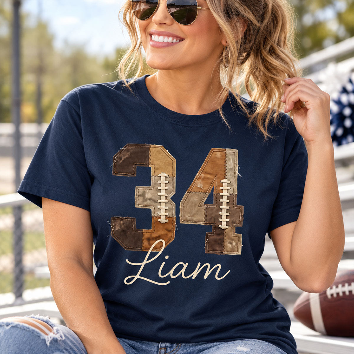 Custom Football Number and Name - Personalized Shirt - Sports Mom Faux Patchwork Tee, Game Day