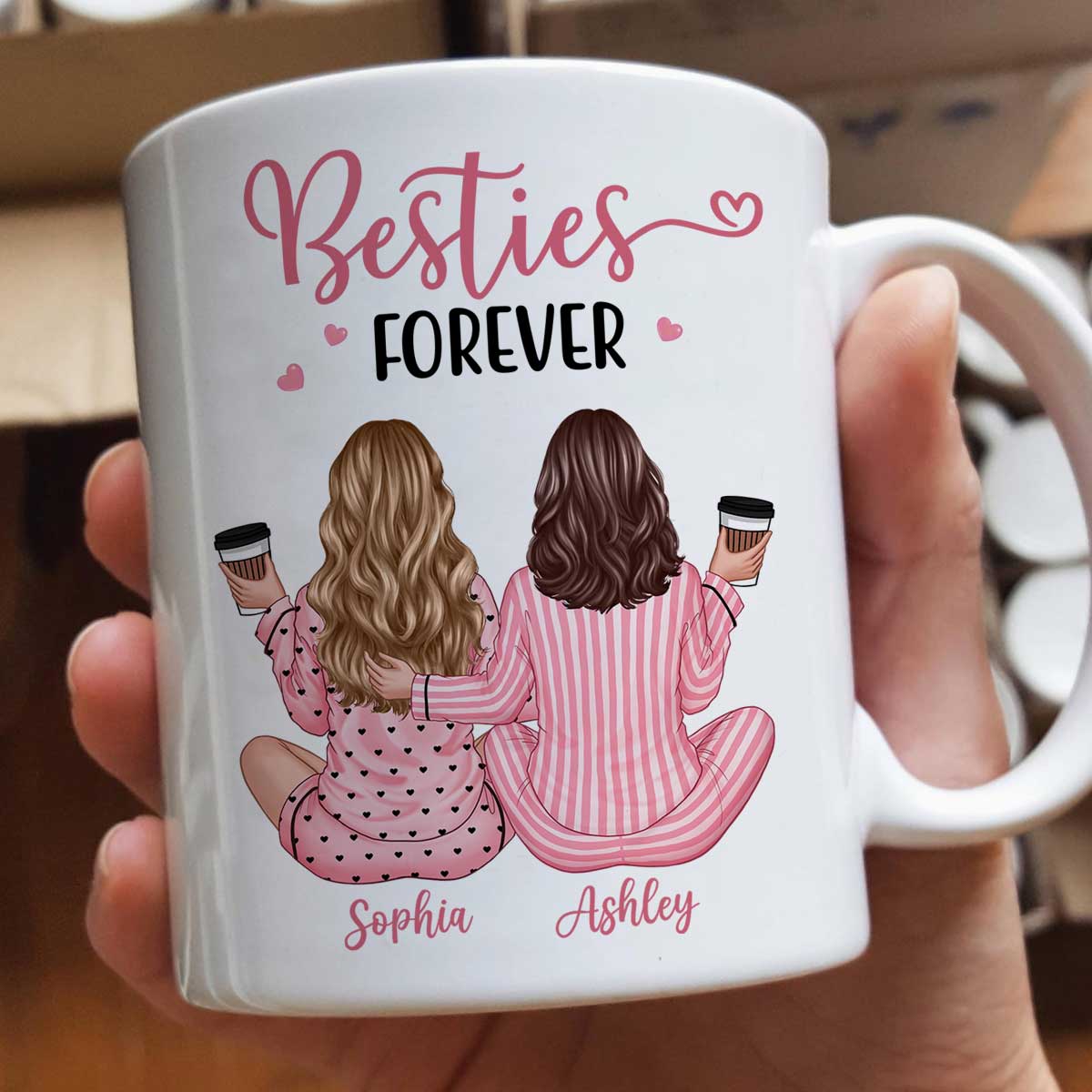 Pink Pajamas Besties, Besties Forever Personalized Mug, Heartfelt Gift For Best Friends, BFF