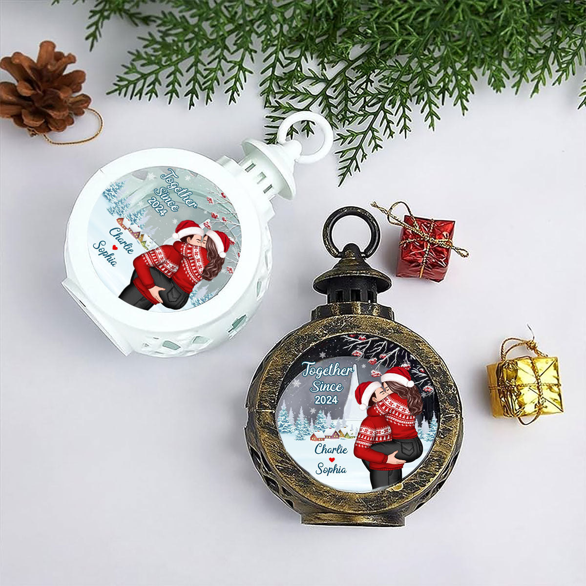 Couple Hugging Kissing Personalized Lantern Ornament, Christmas Gift For Him, For Her