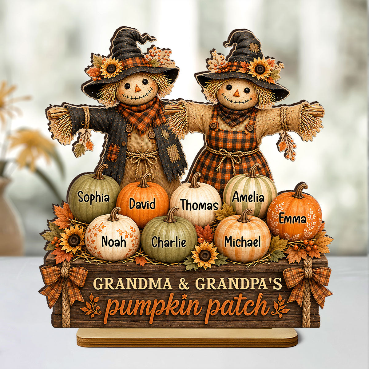 Grandma Grandpa Pumpkin Patch Scarecrow - Personalized 2-Layered Wooden Plaque - Cozy Fall Decor for Grandparents