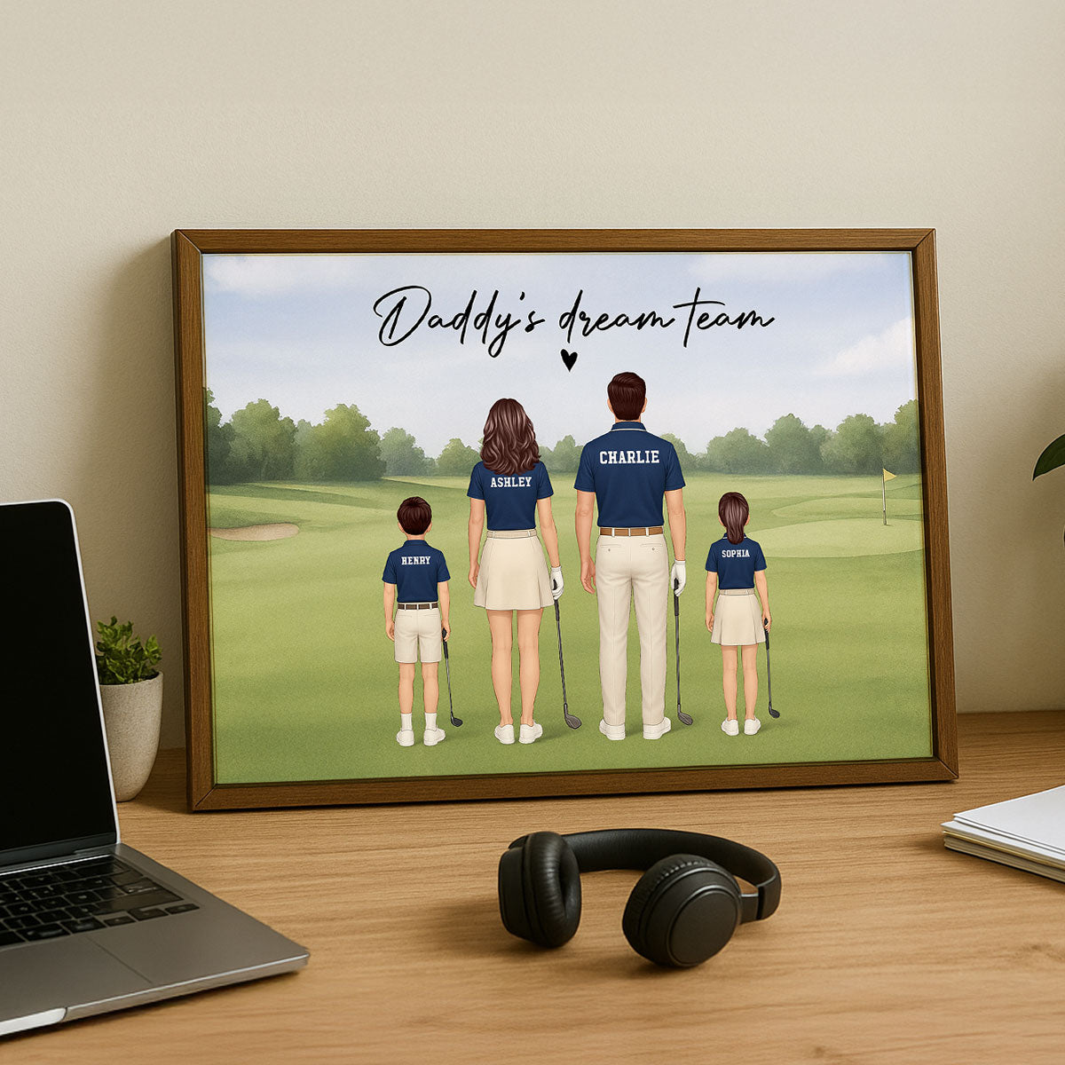 Daddy's Team Golf Family Back View Personalized Poster, Father's Day Gift