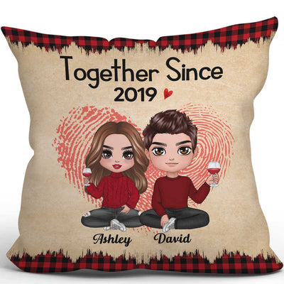 Checkered Pattern Doll Couple Sitting  Anniversary Gift For Him For Her Personalized Pillow