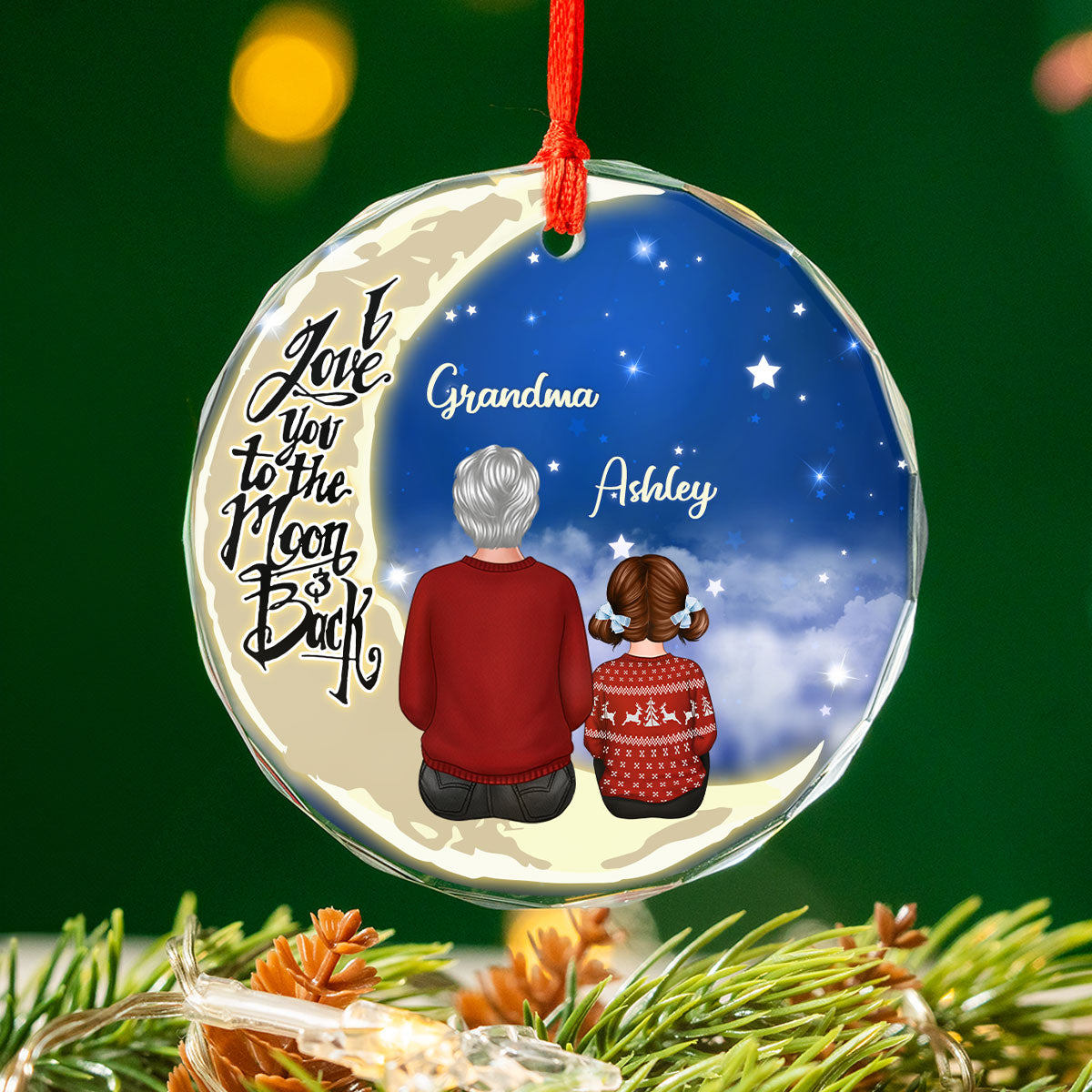 Grandma Grandkids On Moon Personalized Glass Ornament, Christmas Gift for Grandkids, Granddaughter Grandson, Gift for Grandma