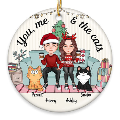You Me And The Cats On Sofa Cute Couple With Cats Personalized Circle Ornament
