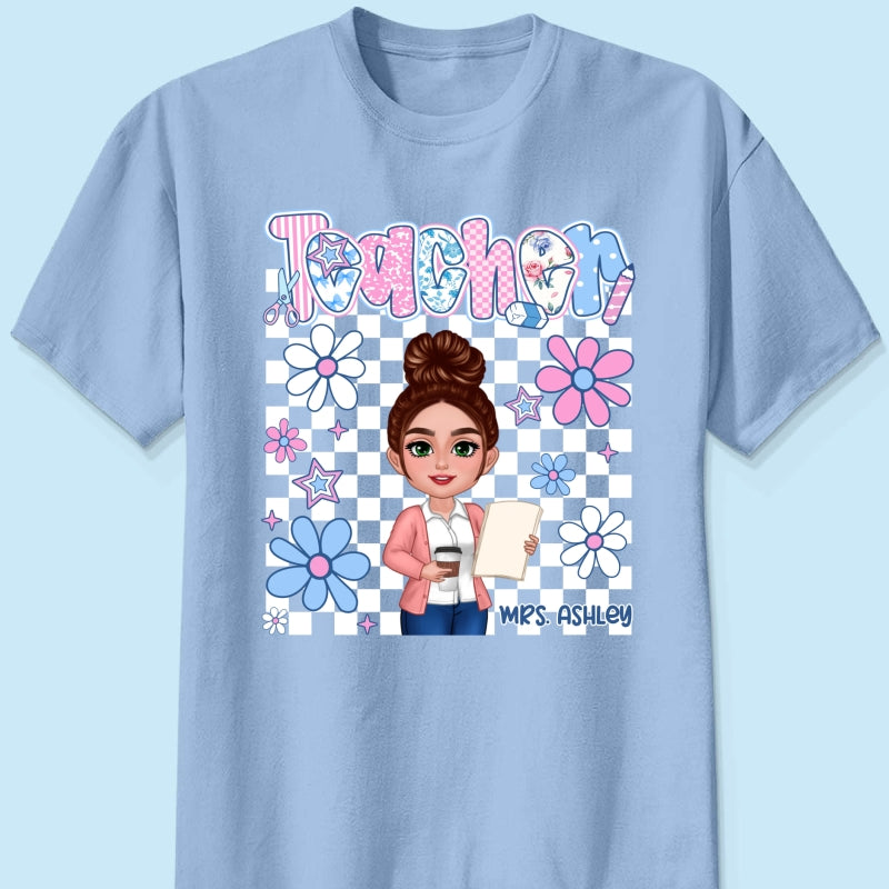 Pastel Blue And Pink Preppy Style Teacher Personalized Shirt| Back To School Gift For Teacher