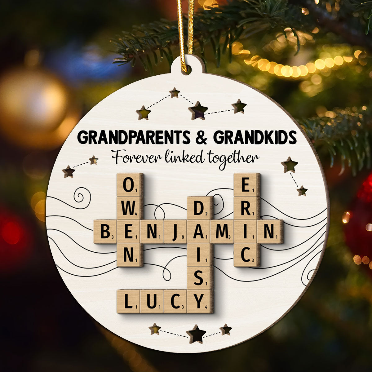 Christmas Grandparents Grandma Grandpa Grandkids Forever Linked Together Crossword Art Personalized 2-Layer Wooden Ornament