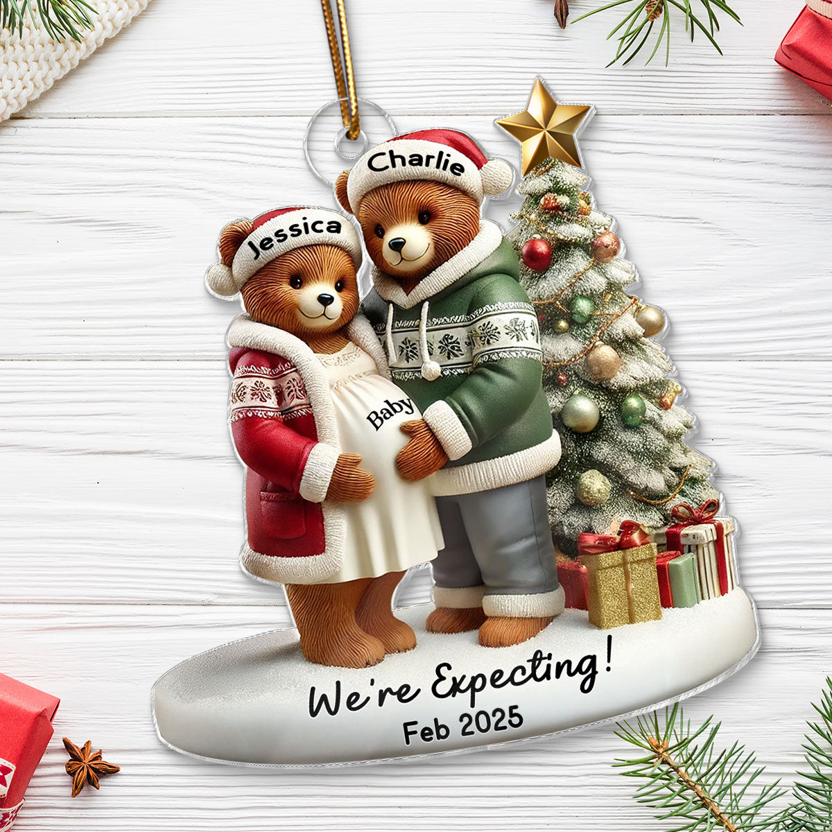 3D Effect Bear Couple Family Expecting New Baby Pregnancy Announcement Keepsake Personalized Acrylic Ornament