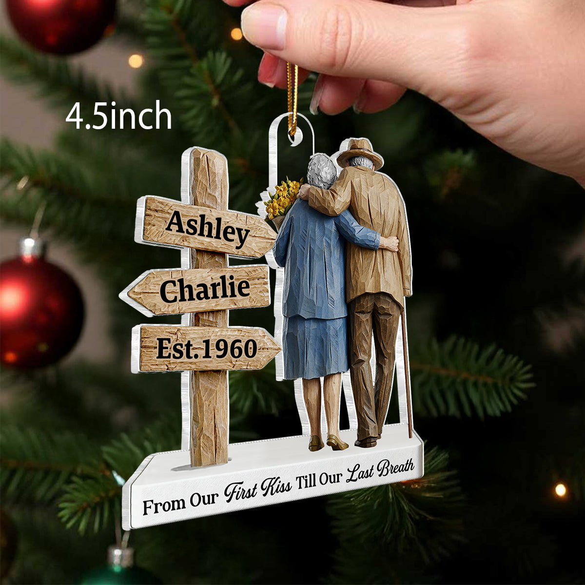 3D Effect Wooden Old Couple Sign Post - Personalized Acrylic Ornament - Heartwarming Christmas Gift For Him, For Her, For Couple