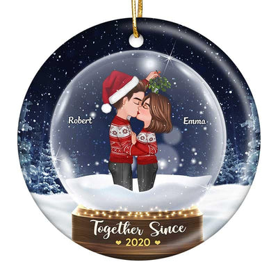 Couple Under Mistletoe Snow Globe Personalized Circle Ornament