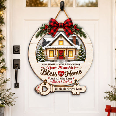 New Home New Beginnings Bless This Home Custom Family Name & Year - Personalized Wood Sign - Christmas Housewarming Gift For New Homeowners, Couples, Families