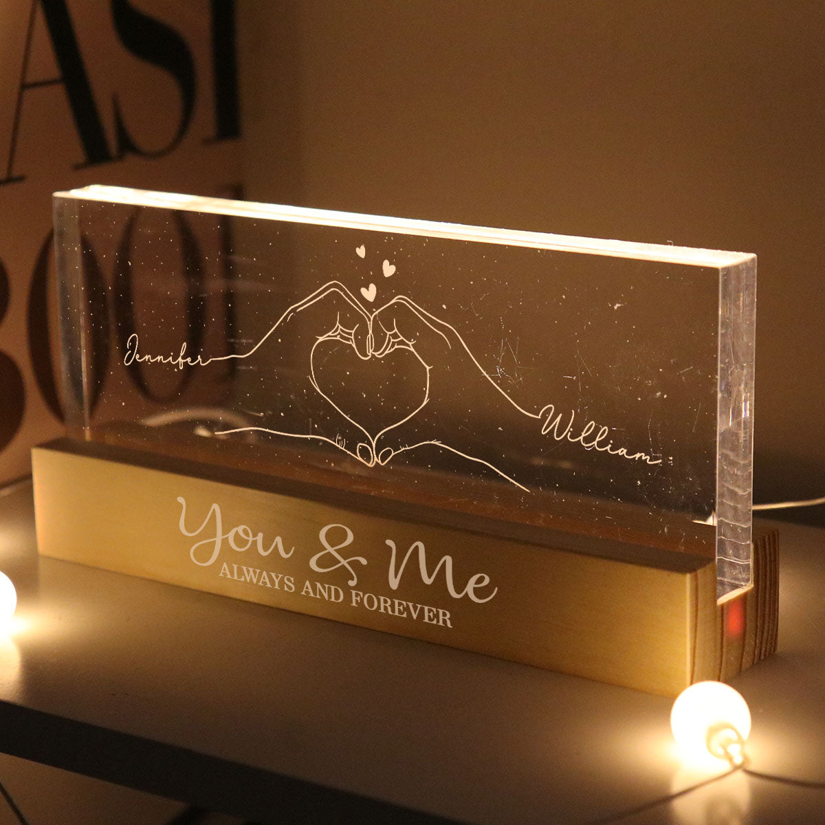 Couple Heart Hands Outline Personalized Acrylic Block LED Night Light, Gift For Him, For Her, Boyfriend, Girlfriend, Husband, Wife