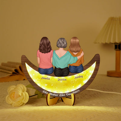 Mother Daughters Sitting On Moon Personalized 2-Layered Wooden Plaque With LED, Mother's Day gift for Mom for Daughters