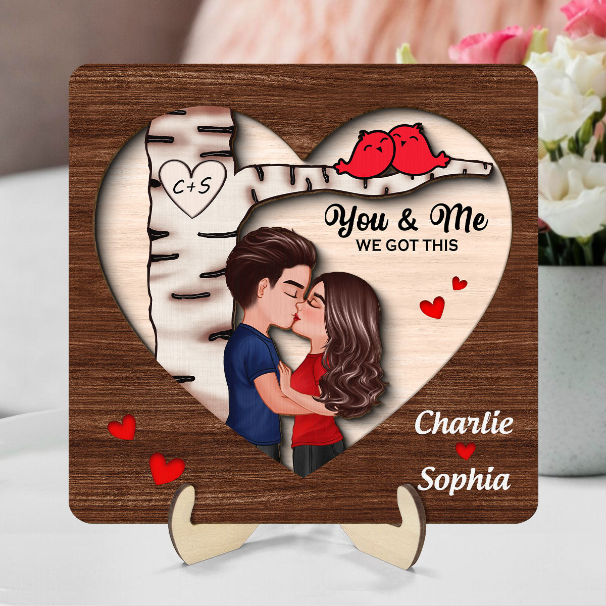 Couple Kissing Under Tree With Love Birds Personalized 2-Layer Wooden Plaque