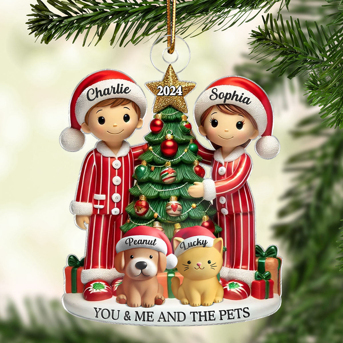 Couple Decorating The Christmas Tree With Dogs Cats Personalized Acrylic Ornament, Gift For Cat Lovers, Dog Lovers