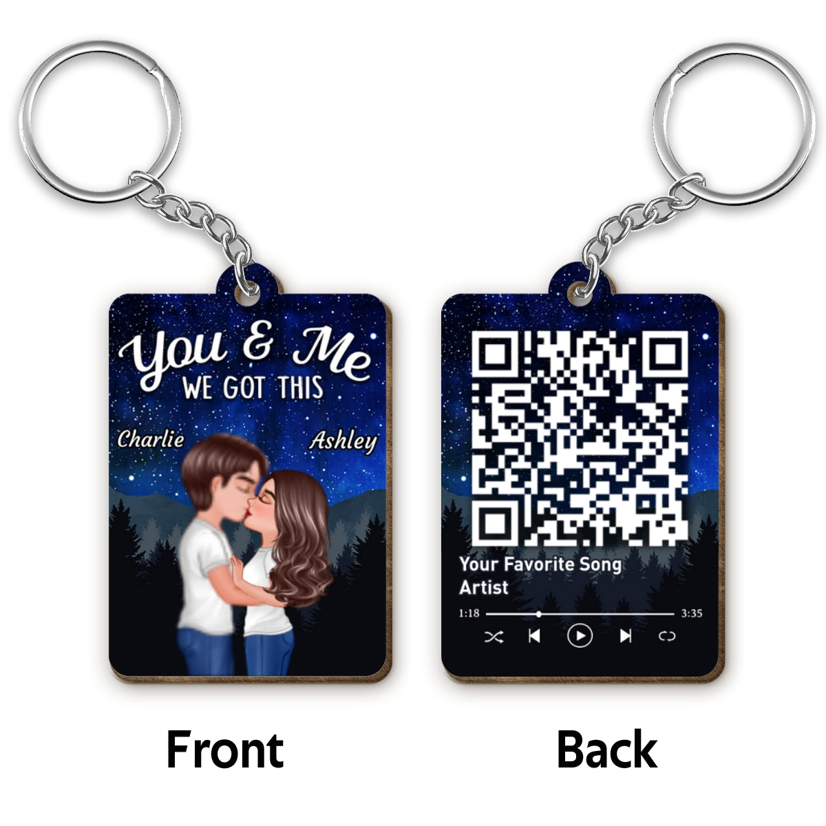 Couple Kissing Under Stars Sky Forest Favorite Song QR Code Personalized Wooden Keychain
