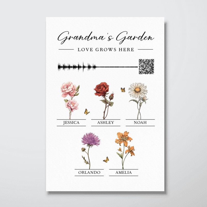 Grandma's Garden Birth Month Flowers Personalized Poster, Voice Recording Sound Wave, Gift for Mom Grandma, Custom Your Heartfelt Voice Message for her