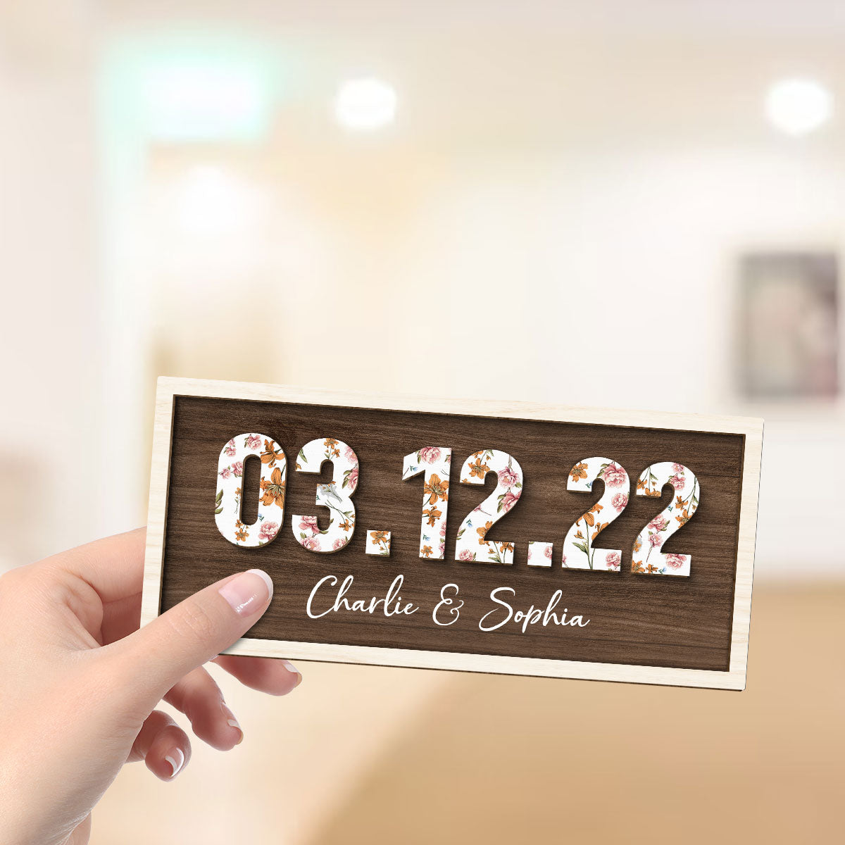 Couple Engagement Wedding Anniversary Special Date Custom Flower Printed 2-Layered Wooden Plaque,  Gift For Her, Gift For Him