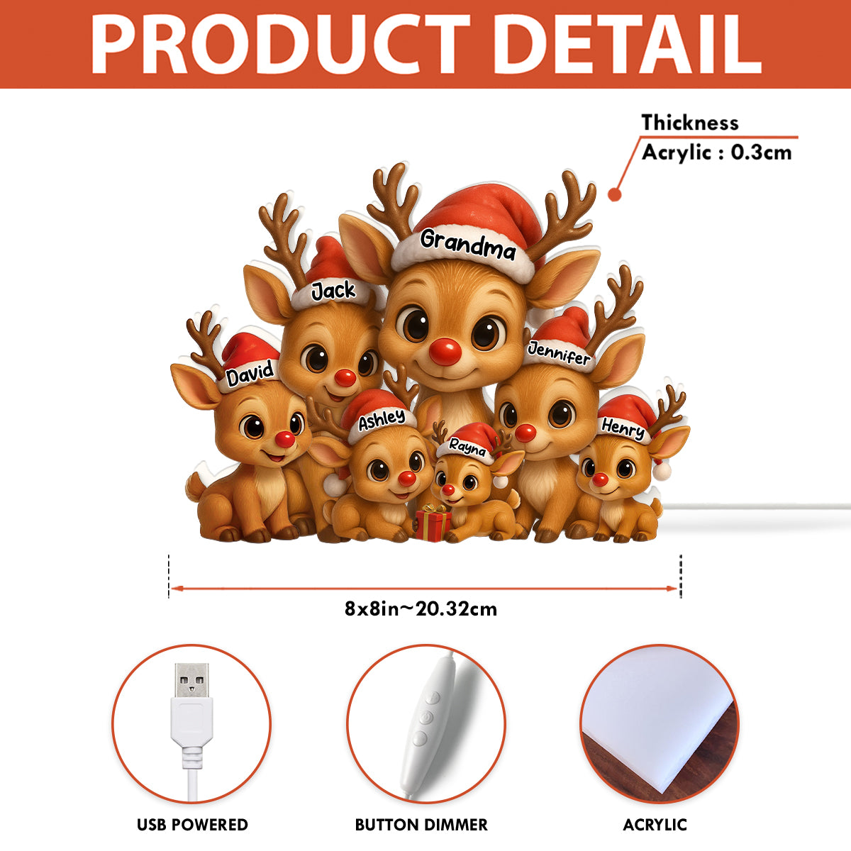 Personalized Grandma Grandkids Reindeer LED Light Box, Christmas Gift For Grandma, Grandkids