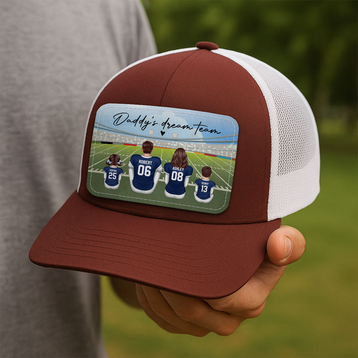 Football Daddy's Dream Team Personalized Leather Patch Hat, Gift For Dad