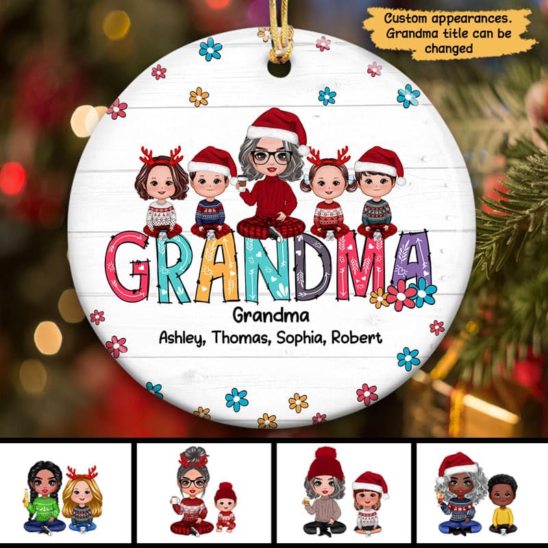 Flower Grandma Sitting With Grandkids Personalized Christmas Circle Ornament