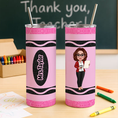 Teacher Custom Name Appreciation Gift Crayon Inspired Personalized Skinny Tumbler