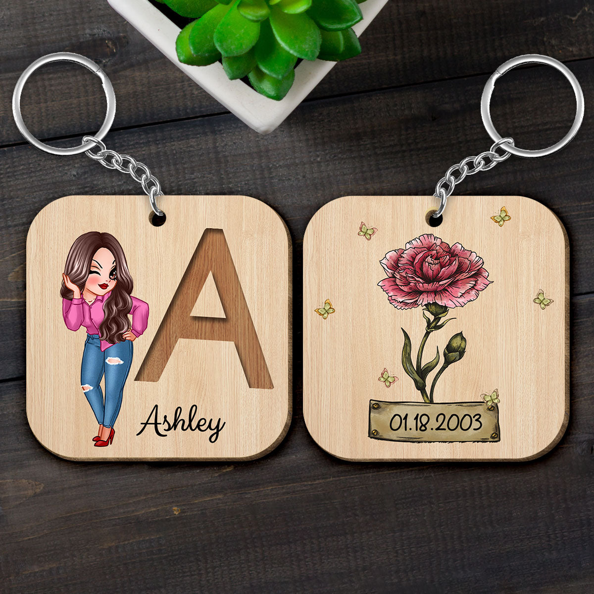 Custom Character & Birth Flower Initial Name Birthday Gift For Family Friends Personalized Wooden Keychain